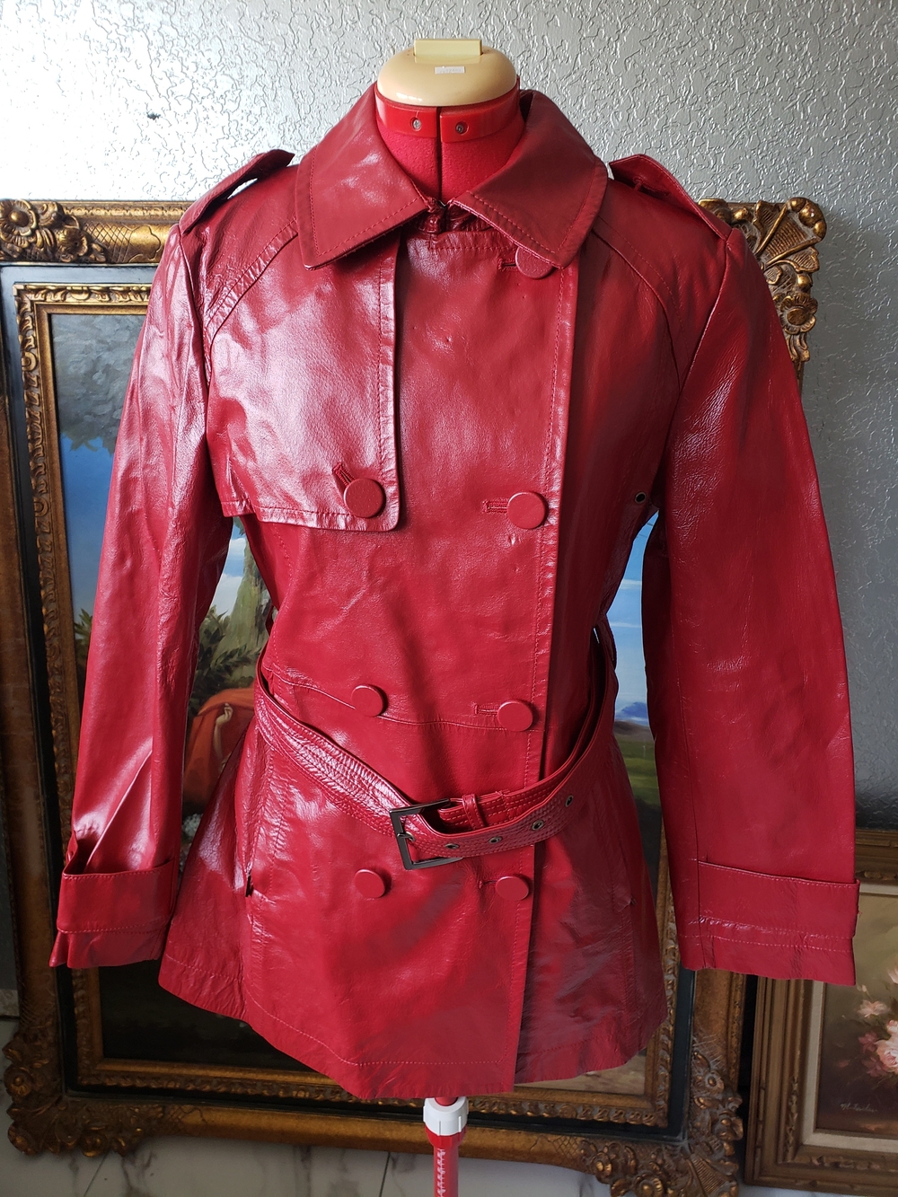 Women's Red Leather Trench Coat with Belt
